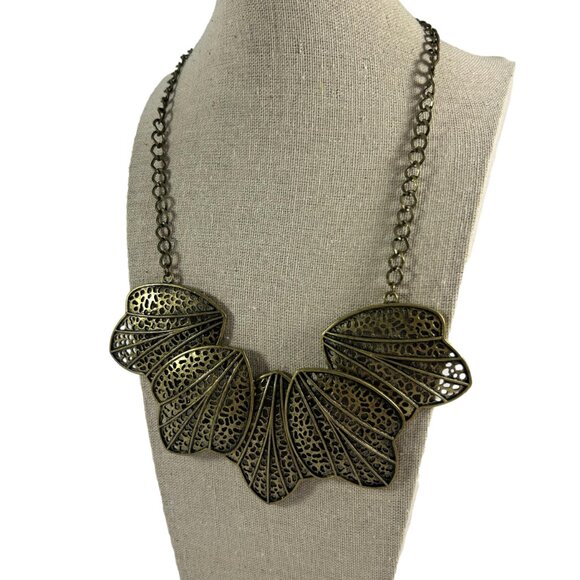 Gold Brass Tone Open Leaf Bib Necklace Statement Metal Unique Adjustable 17-19" - Picture 8 of 8